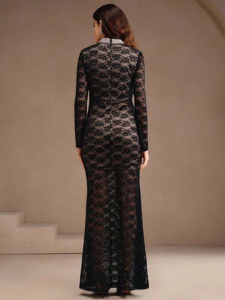 Elegant High-End Black 3D Rhinestone Lace Long Sleeve Fitted Mermaid Dress For Women, Autumn/Winter