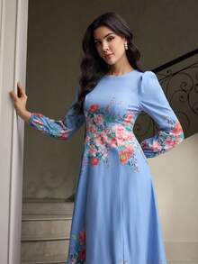 ZEYLAH 女士花卉印花灯笼袖圆领中长连衣裙 - 淺藍色 - 查看 6