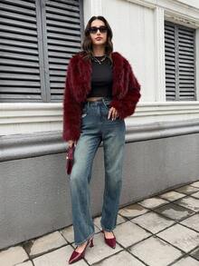 Firerie Women's Fashionable Elegant Minimalist Burgundy Faux Fur Short Coat, New Autumn/Winter Jacket - Burgundy - View 4