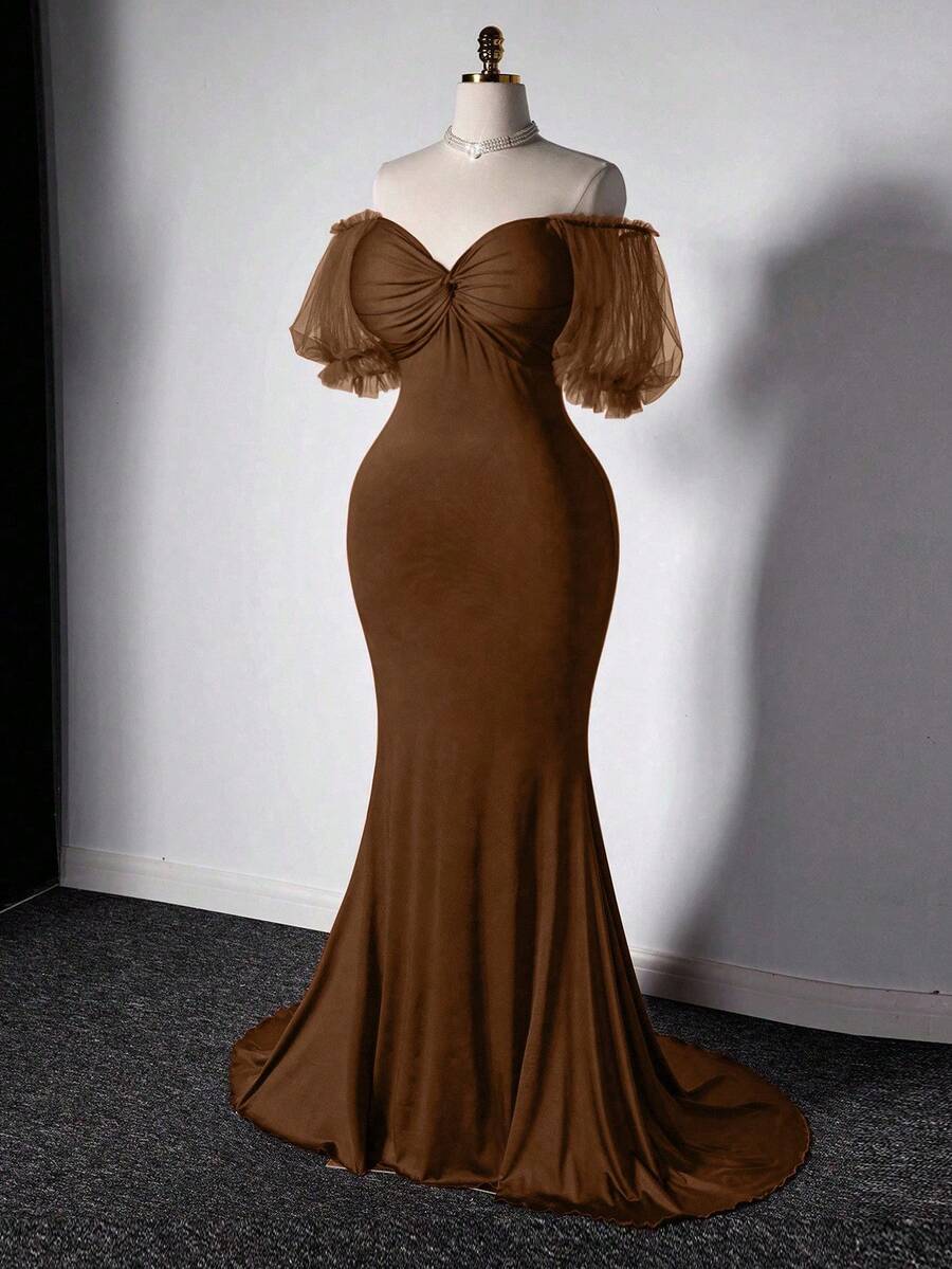 Viva Relle 优雅高端收腰奢华美人鱼长裙 - 棕色 - 查看 1