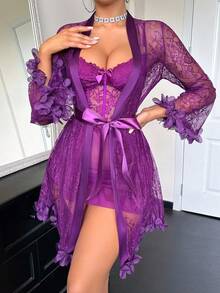Seduluxe 2pcs Set: 3D Floral Lace Robe + Fishbone Waist Design Lace Camisole Nightgown - Purple - View 2