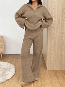SHEIN EZwear 2pcs Women Casual Khaki Zip-Up Drop Shoulder Sweater And Knit Pants Set, Autumn/Winter,Fall - Khaki - View 4