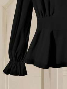 Franclia Elegant V-Neck Ruched Front Button Down Long Sleeve Blouse With Ruffle Cuffs, Suitable For Spring And Autumn - Black - View 3