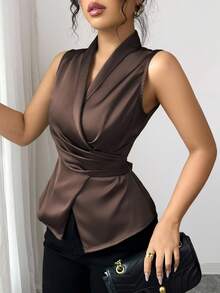 Elenzga 女士优雅交叉系带腰部褶皱下摆无袖衬衫，适合通勤、办公室、休闲、下午茶、派对 - 巧克力棕 - 查看 6