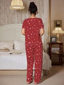 Tulorae Bow Decor Floral Print Textured Knit Women Pajama Set - Red - View 2
