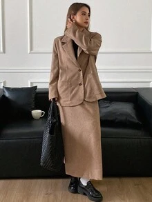DAZY Women's Solid Color Loose Long Sleeve Lapel Pocket Blazer Jacket & A-Line Split Hem Skirt Casual Elegant Suit Set, Autumn/Winter Business Attire - Brown - View 4