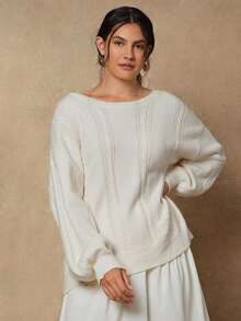 SHEIN VCAY Plus Size Contrast Color Tie-Up Long Sleeve Pullover Sweater Autumn Winter - Beige - View 3