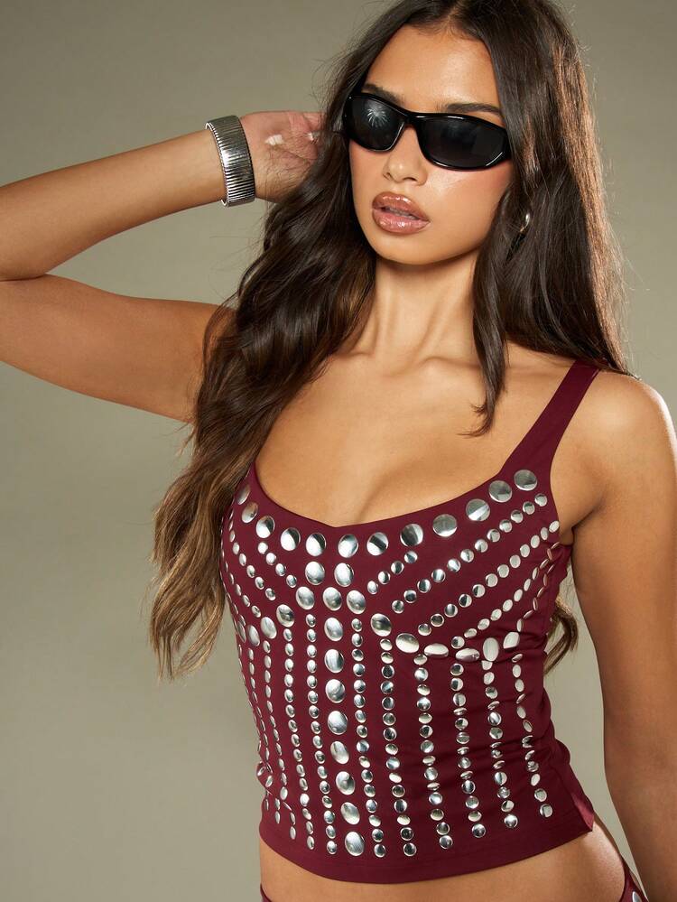 MISSGUIDED Studded Metallic Co-Ord Festival Party Mini Skirt Set Spaghetti Strap Crop Top High Waist Micro Mini Skirt Night Out Club Wear Rhinestone Embellished Christmas