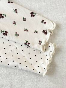 SHEIN 2 pièces Hauts à manches longues avec col rond et poignets à volants, imprimé floral mignon pour bébé fille. Convient pour le printemps/automne - Nude - Voir 4