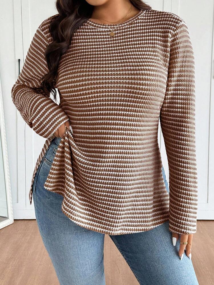 SHEIN Frenchy Plus Size Women Striped Crew Neck Knit T-Shirt With Side Slit Design, Comfortable Casual Plus Size Tee Brown Striped Top Striped Ribbed Top Brown Ribbed Top Coffee Brown Striped Top Brown Long Sleeve Top