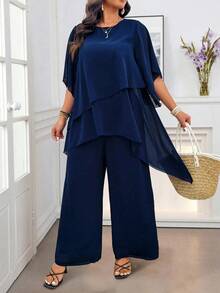 Weeklong 大码雪纺面料多层不对称交叉重叠不对称喇叭袖上衣+双层雪纺裤休闲度假通勤两件套 - 藍色 - 查看 4