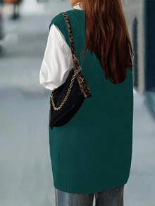 Calvaya 秋季大码女式纯色深V休闲宽松针织背心 - 水鴨藍 - 查看 2