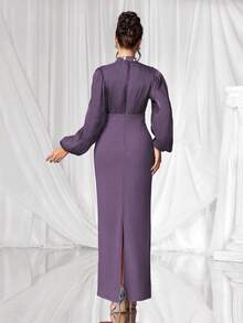 Coutiva Vestido de noche de lujo, vestido formal elegante con cuello alto, manga larga y adornos de strass - Morado - Ver 2