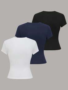 SHEIN Áo thun tay ngắn cổ tròn thêu hình trái tim 3 chiếc dành cho nữ - Nhiều màu - Xem 2