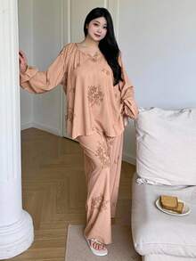 Dazy Plus 2 件大码女式宽松休闲睡衣套装，时尚家居服，适合户外穿着，秋季服装 - 卡其色 - 查看 6