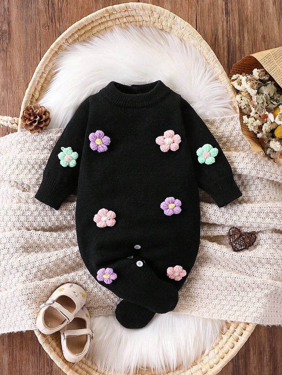 SHEIN Bộ đồ liền thân dệt kim dài tay cho bé gái, bộ đồ liền thân thoải mái có chân, thanh lịch và thời trang, phù hợp cho mùa thu/đông, màu be, đa năng để mặc hàng ngày, trong nhà, ngoài trời và du lịch - màu đen - Xem 1