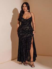 Hourglow 大码女式开衩褶皱垂领无袖中长连衣裙，初秋 - 黑色 - 查看 9