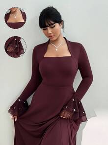 Viva Relle Plus Size Elegant Organza Pearl Knitted A-Line Long Dress, Autumn/Winter - Burgundy - View 1