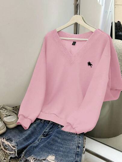 SHEIN EZwear 女式超大V领小马印花休闲运动衫，适合秋冬季