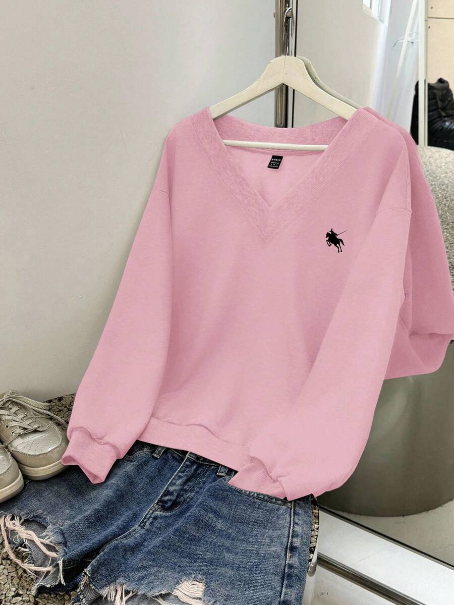 SHEIN EZwear 女式超大V领小马印花休闲运动衫，适合秋冬季 - 粉色 - 查看 1