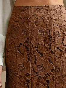 Anewsta 女士时尚优雅拼布设计重磅蕾丝镂空棕色半身裙，秋冬 - 咖啡棕 - 查看 2