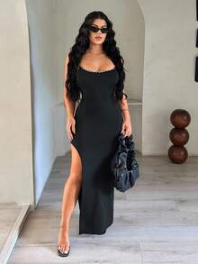 SHEIN SXY Women's Sexy Leopard Print Color Block High Slit Cami Dress, Leopard Trim Dress, Split Thigh Dress, Tight Long Dress, Black Club Dress,Sexy,Club,Party,Going Out,Black Dress,Halloween