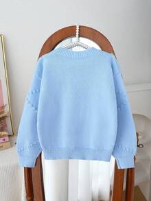 少女可爱休闲浅蓝色3D蝴蝶套头毛衣 毛衣 粉色毛衣 蓝色毛衣 蝴蝶毛衣 蓝色毛衣 毛衣 秋冬毛衣 手工毛衣 - 藍色 - 查看 2