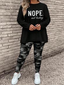 EMERY ROSE 2 件套大码女式迷彩字母印花长袖 T 恤和瑜伽裤，休闲秋冬装 - 黑色 - 查看 3