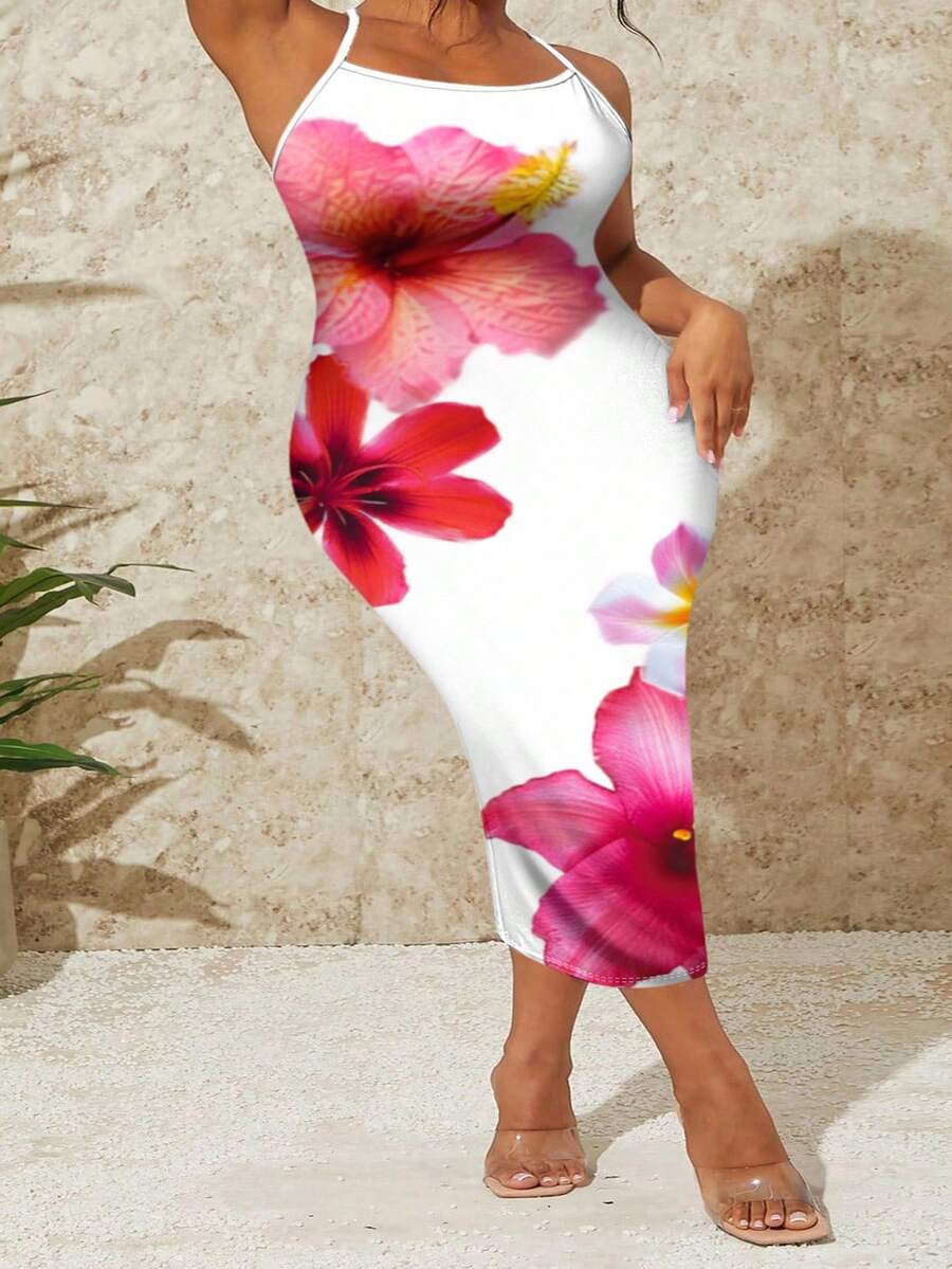 SHEIN SXY Plus Size Casual Floral Pattern Bodycon Camisole Dress, Suitable For Summer Boho Suitable For Going Out Chic Dress - Multicolor - View 1