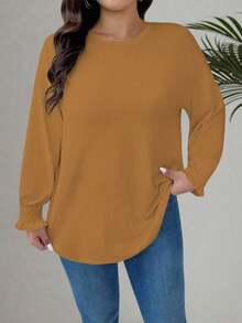 EMERY ROSE Plus Size Women Knitted Crew Neck Cable Sleeve Casual Shirt - Brown - View 3