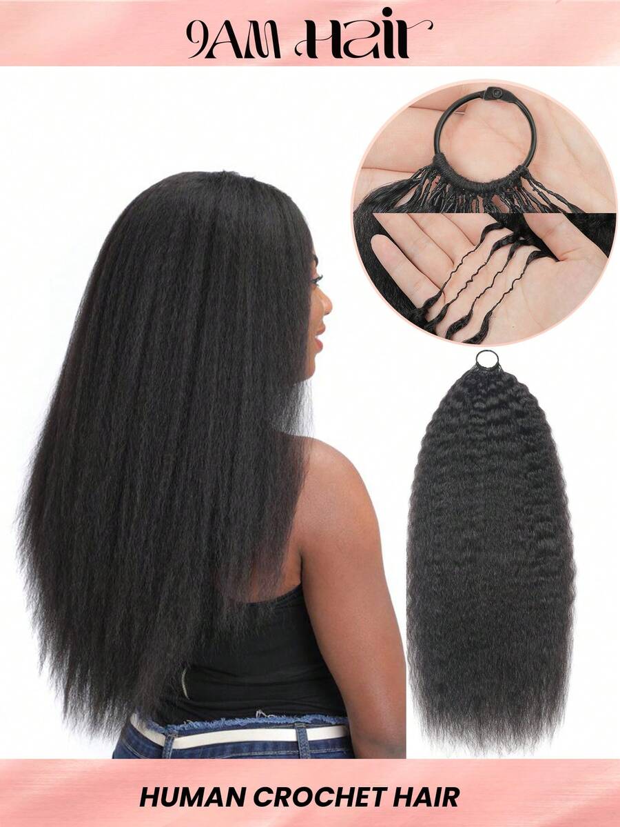 Boho Braids Kinky Straight Human Crochet Hair In 100% Remy Human Hair Feather Line Crochet Hair Braids Salon Silky Seamless Invisible Natural Black Color For Thin Hair Woman Micro Pre Looped Crochet Human Hair Extensions