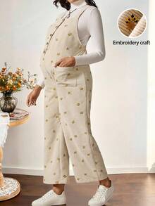 Boho Mama 孕妇花卉刺绣口袋设计休闲连体裤 - 卡其色 - 查看 3