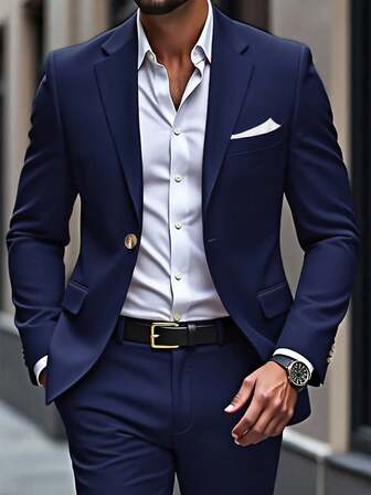 Manfinity Mode 2pcs Men Plus Size Casual Long Sleeve Blazer Jacket And Pants Set