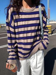 DAZY Kontraststreifen lockerer Rundhals Langarm lässiger Pullover Strickpullover für Frauen, Herbst/Winter Y2k Schule - Blau - Übersicht 6