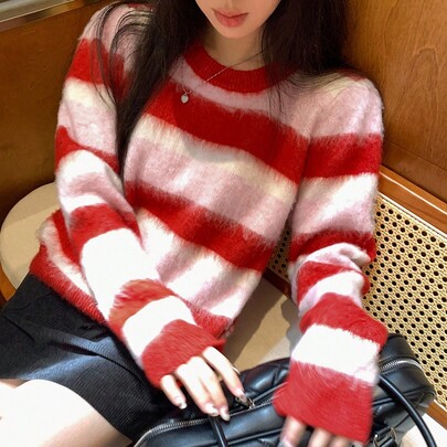 여성 스트라이프 라운드넥 긴소매 스웨터, 한국 스타일