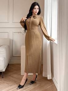 DAZY 女式优雅纯色系带毛衣裙，秋季 - 棕色 - 查看 5