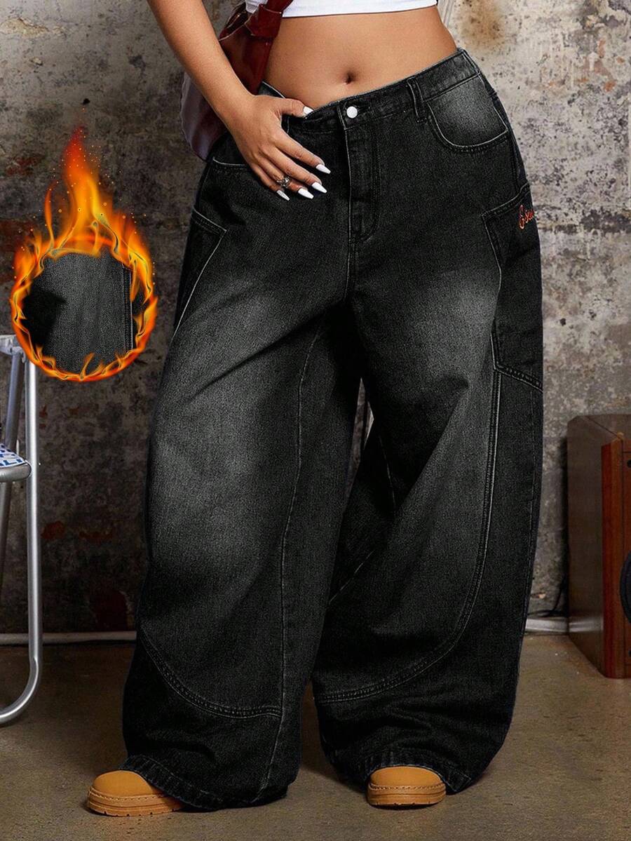 SHEIN ICON Quần jean ống rộng cài nút thời trang thường ngày cỡ lớn cho nữ - màu đen - Xem 1