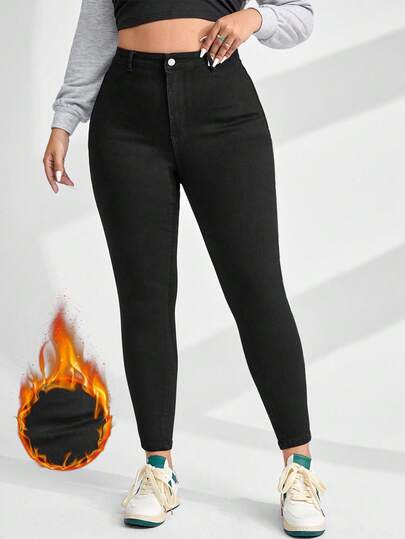 Flexra Plus Size Women Casual Solid Color Slim Fit Button Denim Jeans