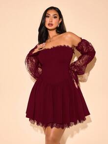 SHEIN BAE Váy ngắn ren lãng mạn thanh lịch cỡ lớn dành cho nữ, váy ngắn chắp vá ren thích hợp cho ngày lễ tình nhân, đêm hẹn hò, cuộc sống về đêm, váy kiểu Pháp, váy dạ hội, tiệc sinh nhật, váy phù dâu, váy hàng ngày đơn giản duyên dáng, váy cưới, váy dự tiệc trang trọng, váy gợi cảm đi biển, trang phục mùa hè cho phụ nữ, trang phục ngày lễ, váy ngắn lưới - Màu Đỏ Sâu - Xem 5