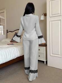 SHEIN 两件套女士休闲长袖撞色蕾丝上衣和裤子睡衣套装 关键词：两件套睡衣套装，秋冬服装 - 灰色 - 查看 2