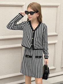 SHEIN 青少年女孩优雅针织千鸟格撞色开衫夹克和 A 字裙套装，带纽扣装饰，非常适合秋冬季休闲日常穿着和上学日常，适合圣诞节、女孩冬装、圣诞节 - 黑色 - 查看 14