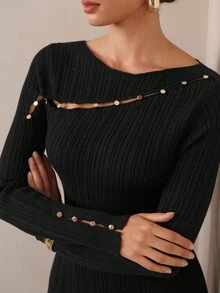 Modelyn Women's Metal Buckle Turtleneck Sweater Dress, Commuter Style For Casual Daily/Travel/Holiday,  Fall&Winter - Black - View 6