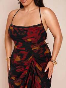 SHEIN BAE 加大码女款紫色网眼印花褶饰高开衩垂坠领吊带背心裙，春夏，Y2K，美国独立日服装，性感女款夜店服装，乡村音乐会服装，美国独立日，女款音乐会服装，狂欢节服装，女款西部服饰，毕业礼服，女款度假服装，碎花，女款夏季服装，优雅女款连衣裙，太阳裙，飘逸连衣裙 - 紅色 - 查看 6