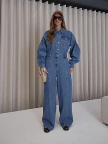 MUSERA Bộ jumpsuit denim tay phồng dáng rộng ống loe, chi tiết đường may, phong cách đường phố sang trọng, gợi cảm, thích hợp cho mùa thu thu, đi chơi đêm, xuân hè. - Rửa trung bình - Xem 5