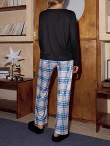 SweetSlumber Young Casual Plaid Bear Cartoon Pattern Women Pajama Set, Fall Clothes - Multicolor - View 2