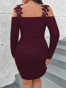SHEIN Clasi Plus Size Women Off Shoulder Long Sleeve Solid Color Bodycon Dress - Red - View 2