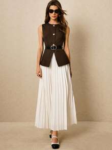 Poéselle Bộ vest nữ màu trơn một hàng khuy và chân váy midi xếp ly thanh lịch mùa thu đông dành cho nữ - Cà phê nâu - Xem 2