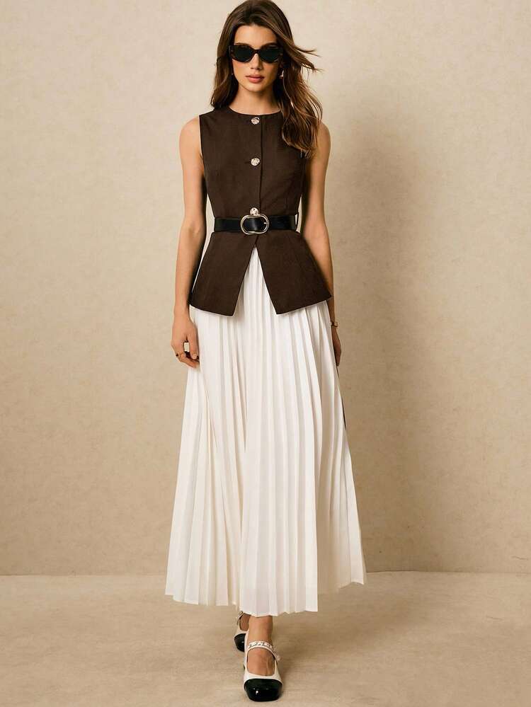 Poéselle Women's Solid Color Single-Breasted Vest And Pleated Midi Skirt Elegant Suit Set Autumn Winter Clothes For Women - Coffee Brown - View 2
