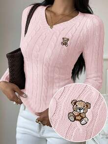 SHEIN EZwear Women's Autumn Cartoon Bear Embroidery & Twist Cable Pattern V-Neck Long Sleeve Fitted Sweater,Fall Women Sweaters Pullover For Women Cute Long Sleeve Tops Women Sweaters Pink Sweater - Pink - View 3