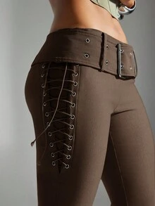 Denimoi 系带修身喇叭裤侧系带中腰裤 - 棕色 - 查看 2